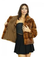 Jacket 44 dark gold mink fur with horizontal full skin knit with fur lined hood and sleeves - Image 7