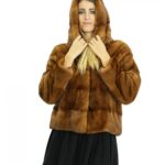 Giacca 44 pelliccia visone gold scuro in lavorazione a pelli intere orizzontale con cappuccio e manica lunga