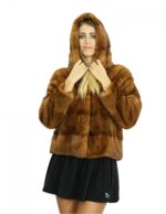 Giacca 44 pelliccia visone gold scuro in lavorazione a pelli intere orizzontale con cappuccio e manica lunga