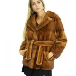Giacca pelliccia 46 visone gold scuro collo petto e bavero maniche lunghe tasche e cintura pelliccia