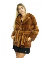 Giacca pelliccia 46 visone gold scuro collo petto e bavero maniche lunghe tasche e cintura pelliccia