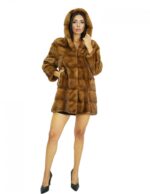 Cappotto 78 cm 44 pelliccia di visone gold scuro con cappuccio maniche lunghe tasche laterali