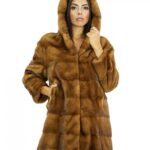 Cappotto 78 cm 44 pelliccia di visone gold scuro con cappuccio maniche lunghe tasche laterali