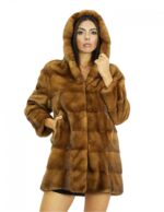 Cappotto 78 cm 44 pelliccia di visone gold scuro con cappuccio maniche lunghe tasche laterali