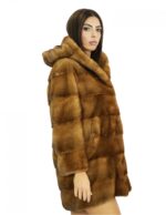 Cappotto 78 cm 44 pelliccia di visone gold scuro con cappuccio maniche lunghe tasche laterali