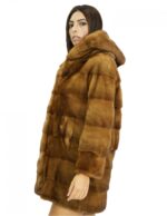 Cappotto 78 cm 44 pelliccia di visone gold scuro con cappuccio maniche lunghe tasche laterali