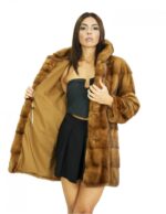 Cappotto 78 cm 44 pelliccia di visone gold scuro con cappuccio maniche lunghe tasche laterali