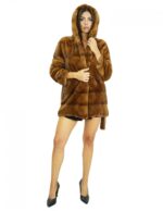 Mantel 44 Fell 78 cm Nerz dunkelgold mit Kapuze, lange Ärmel, Seitentaschen – Bild 4