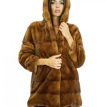 Mantel 44 Fell 78 cm Nerz dunkelgold mit Kapuze, lange Ärmel, Seitentaschen