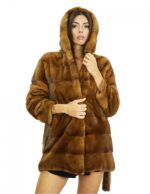 Mantel 44 Fell 78 cm Nerz dunkelgold mit Kapuze, lange Ärmel, Seitentaschen