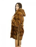 Mantel 46 Fell 78 cm Nerz dunkelgold mit Kapuze, lange Ärmel, Seitentaschen – Bild 2