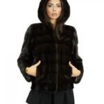 Giacca 42 lunga 66 cm pelliccia di visone mogano con lavorazione orizzontale a manica lunga con cappuccio