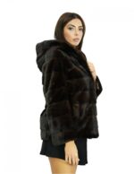 Jacke 42 66 cm lang Mahagoni-Nerzfell mit horizontalem Strick Langarm mit Kapuze – Bild 4