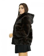 Jacke 42 66 cm lang Mahagoni-Nerzfell mit horizontalem Strick Langarm mit Kapuze – Bild 3