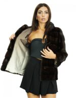 Jacket 46 66 cm long mahogany mink fur with horizontal knitting long sleeves with hood - Image 7