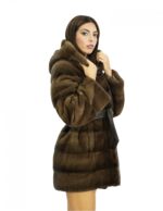 44 long coat 82 cm in brown demi mink fur with buttoned hood and leather belt - Image 4