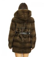 44 long coat 82 cm in brown demi mink fur with buttoned hood and leather belt - Image 6