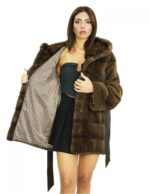 44 long coat 82 cm in brown demi mink fur with buttoned hood and leather belt - Image 7