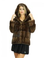 46 Demi mink fur jacket with hood in horizontal processing closure internal hooks long sleeves