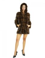 Cappotto pelliccia di visone demi 48 lavorazione orizzontale maniche lunghe cappuccio foderato in pelliccia visone