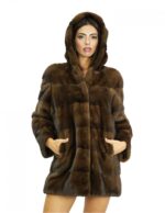 Cappotto pelliccia di visone demi 48 lavorazione orizzontale maniche lunghe cappuccio foderato in pelliccia visone
