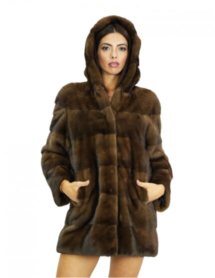 Cappotto pelliccia di visone demi 48 lavorazione orizzontale maniche lunghe cappuccio foderato in pelliccia visone
