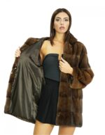 Cappotto pelliccia di visone demi 48 lavorazione orizzontale maniche lunghe cappuccio foderato in pelliccia visone