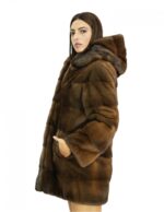 Cappotto pelliccia di visone demi 48 lavorazione orizzontale maniche lunghe cappuccio foderato in pelliccia visone