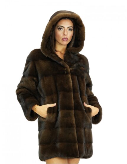 Visone 48 demi cappotto pelliccia a pelle intera e maniche lunghe cappuccio foderato in pelliccia chiusura ganci