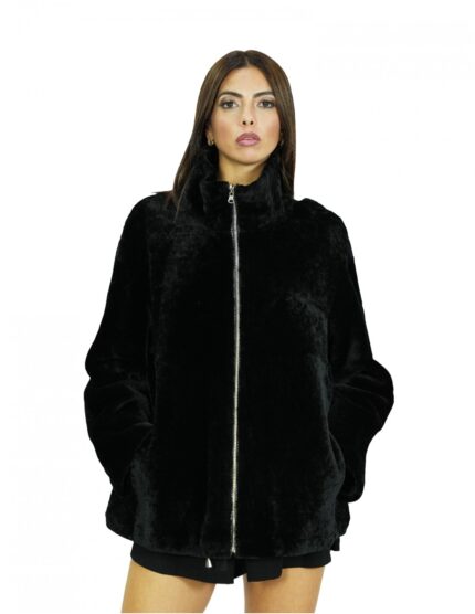 Cappotto lungo 70 cm 52 montone nero con collo pistagna maniche lunghe con chiusura con zip e tasche laterali