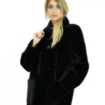 Cappotto montone lungo 78 cm 56 nero con collo pistagna maniche lunghe chiusura bottoni e tasche a boccale