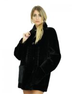 Cappotto montone lungo 78 cm 56 nero con collo pistagna maniche lunghe chiusura bottoni e tasche a boccale