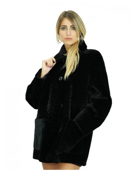 Cappotto montone lungo 78 cm 56 nero con collo pistagna maniche lunghe chiusura bottoni e tasche a boccale