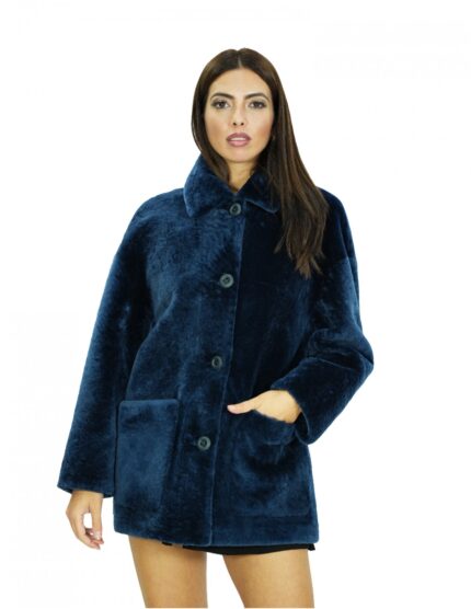 Cappotto montone lungo 78 cm 56 blue con collo pistagna in pelliccia maniche lunghe con chiusura bottoni tasche a boccale