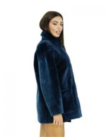 Cappotto montone lungo 78 cm 56 blue con collo pistagna in pelliccia maniche lunghe con chiusura bottoni tasche a boccale
