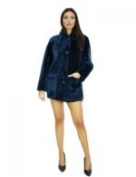 Cappotto montone lungo 78 cm 56 blue con collo pistagna in pelliccia maniche lunghe con chiusura bottoni tasche a boccale