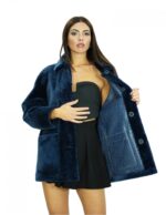 78 cm langer Lammfellmantel, 54 blau, mit Pelzpaspelkragen, lange Ärmel mit Knopfverschluss, Tassentaschen – Bild 7