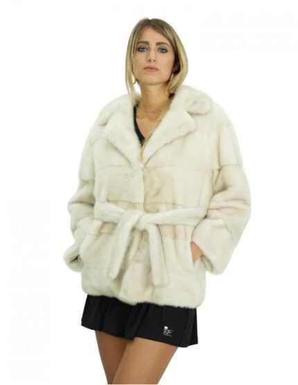 Giacca bianco 44 pelliccia visone petto e bavero lavorazione orizzontale chiusura ganci maniche 3/4