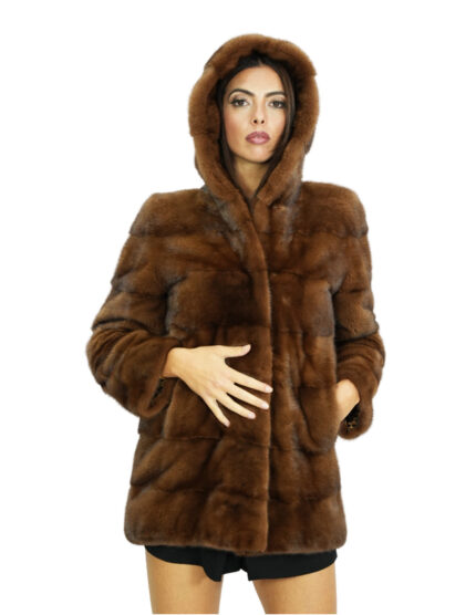 Cappotto 44 lungo 74 centimetri pelliccia di visone gold scuro con cappuccio foderato pelliccia visone e chiusura ganci
