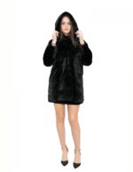 Black 46 94 cm long coat with horizontal full-skin knit mink fur with hood - Image 5
