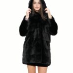 Nero 46 cappotto lungo 94 cm pelliccia di visone con lavorazione orizzontale a pelle intera con cappuccio