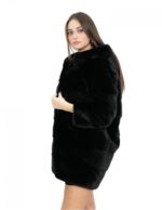 Black 46 94 cm long coat with horizontal full-skin knit mink fur with hood - Image 3