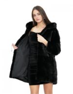 Black 46 94 cm long coat with horizontal full-skin knit mink fur with hood - Image 7