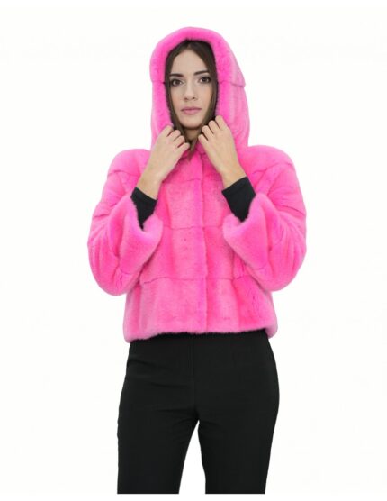 Giacca 42 pelliccia visone fucsia corta in lavorazione orizzontale a pelli intere maniche 3/4 con chiusura ganci