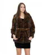 Giacca pelliccia visone demi 44 collo petto e bavero lavorazione orizzontale con chiusura ganci interni e cinta