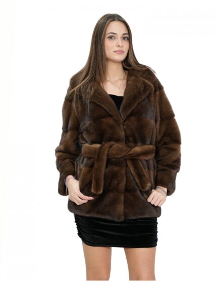 Giacca pelliccia visone demi 44 collo petto e bavero lavorazione orizzontale con chiusura ganci interni e cinta