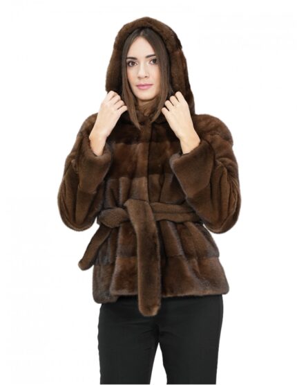 Demi scuro 48 giacca pelliccia visone orizzontale con chiusura con ganci e cappuccio foderato in pelliccia e cintura