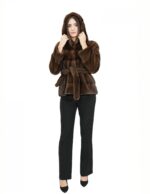 Demi Dark 48 Horizontal Mink Fur Jacket with Hook Closure and Fur Lined Hood and Belt - Image 5