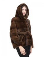 Demi Dark 48 Horizontal Mink Fur Jacket with Hook Closure and Fur Lined Hood and Belt - Image 4
