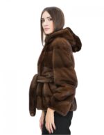 Demi Dark 48 Horizontal Mink Fur Jacket with Hook Closure and Fur Lined Hood and Belt - Image 3